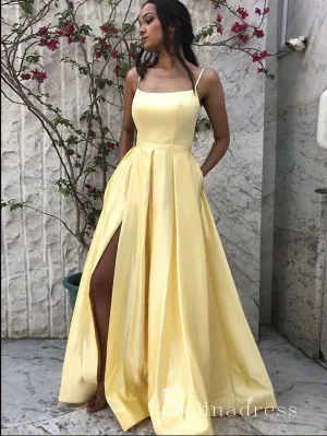 A-line Spaghetti Straps Cheap Long Prom Dress Yellow Evening Dress CBD268