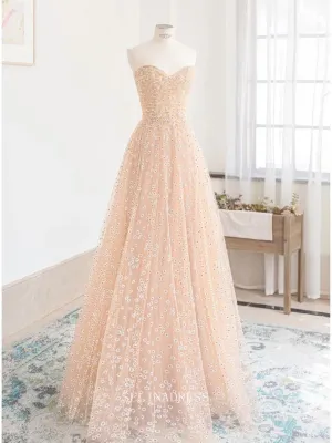 A-line Sweetheart Champagne Prom Dress Beautiful Lace Floral Long Formal Dresses KPY063