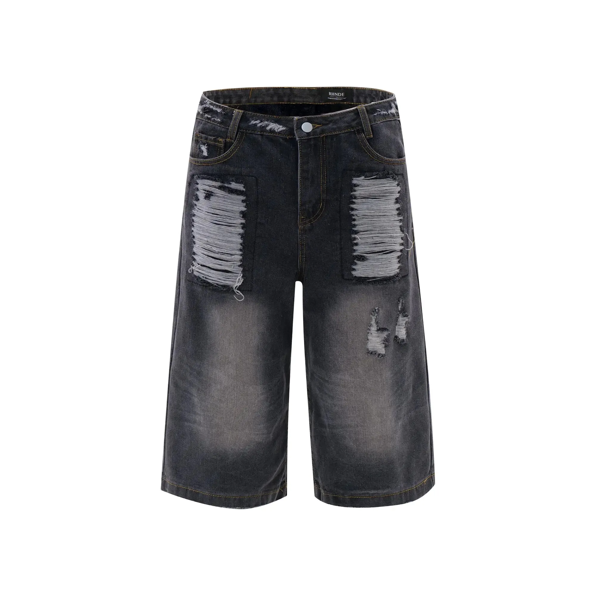 American Style Summer Loose Washed Worn-out Male Pants Straight Leg Men's Denim Shorts Gradient Color Casual 24E1082