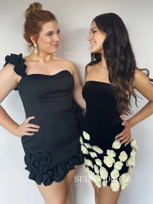 Black One Shoulder Cute Short Homecoming Dresses Flower Hoco Dress Cocktail Dress #TKL1912