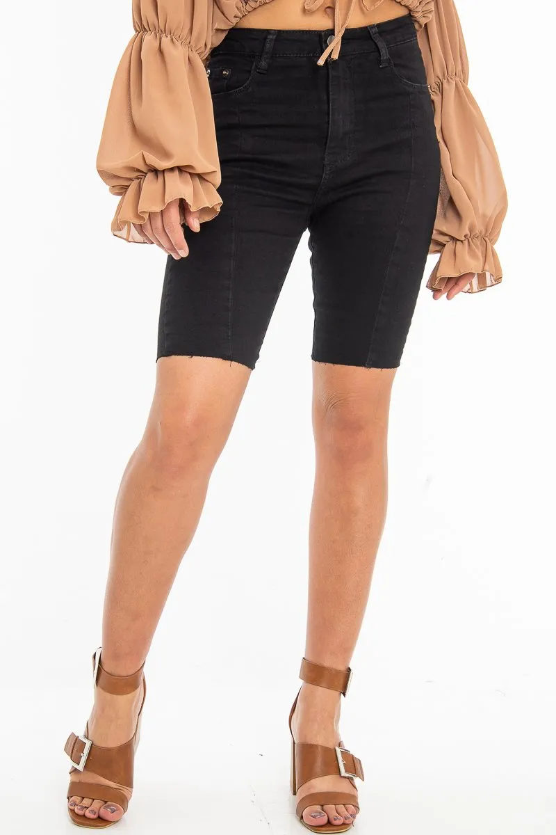 Black Seam Front Raw Hem Denim Cycle Shorts - Kayli