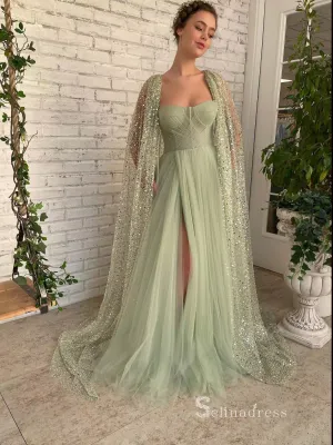 Chic A-line Sage Long Prom Dresses Modest Long Evening Gowns MLK020