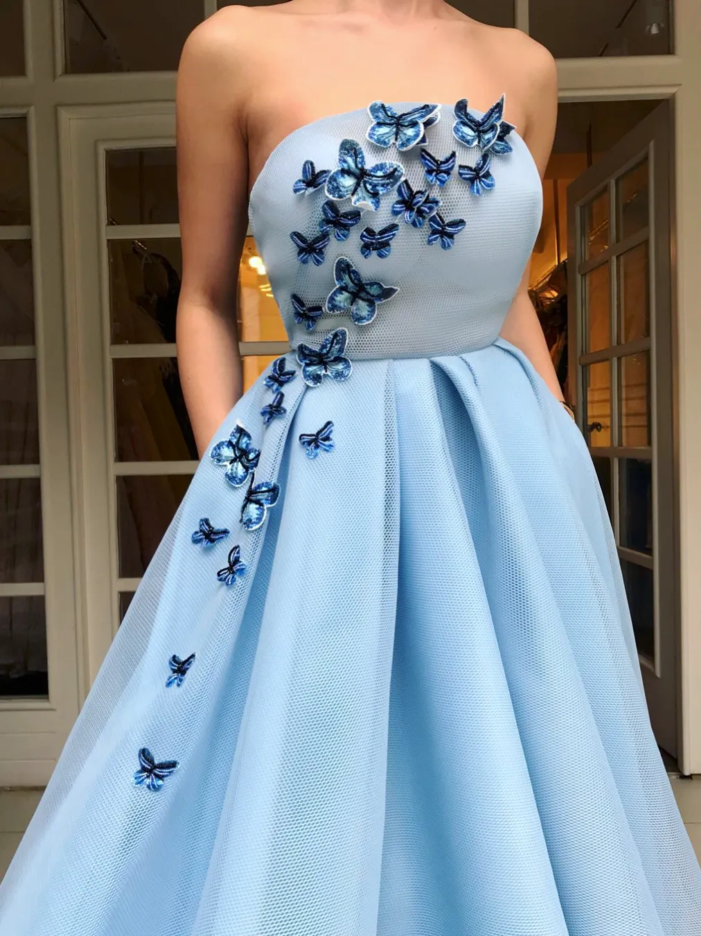 Chic A-line Strapless Long Prom Dresses Butterfly Light Sky Blue Evening Formal Dresses kts060