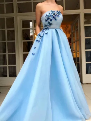 Chic A-line Strapless Long Prom Dresses Butterfly Light Sky Blue Evening Formal Dresses kts060