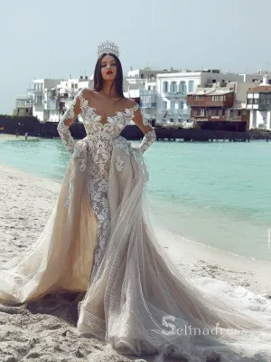 Chic Mermaid Off-the-shoulder Long Sleeve Rustic Beach Lace Detachable Train Wedding Dresses MLH0497