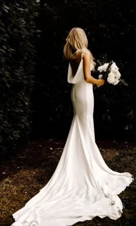 Chic Mermaid Spaghetti Straps White Wedding Dresses Satin Bridal Gowns CBD417