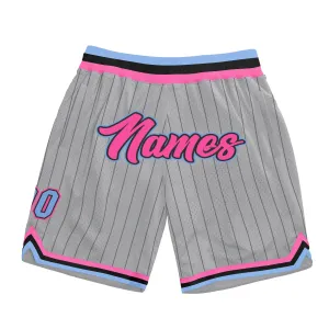 Custom Gray Black Pinstripe Pink-Light Blue Authentic Basketball Shorts