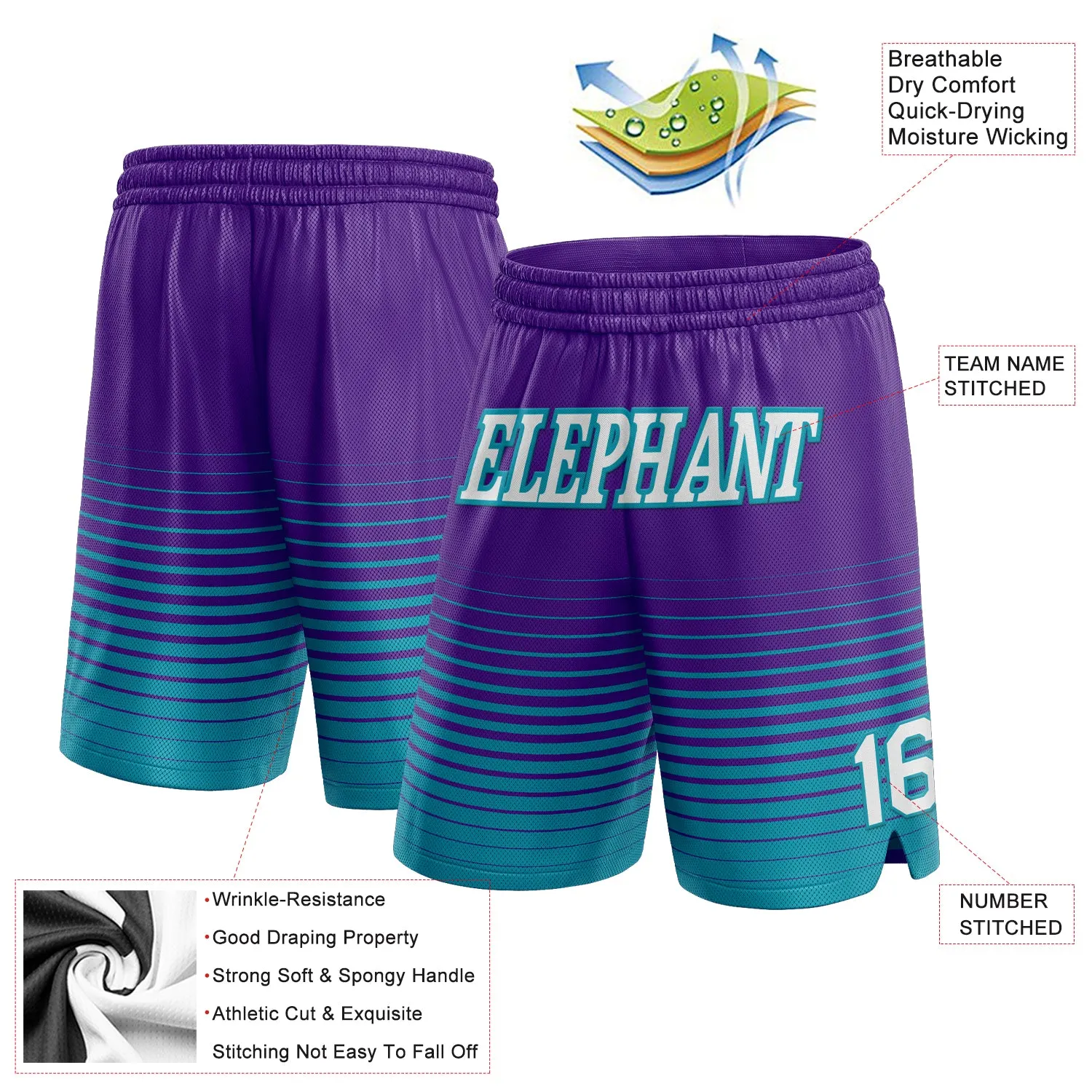 Custom Purple White-Teal Pinstripe Fade Fashion Authentic Basketball Shorts