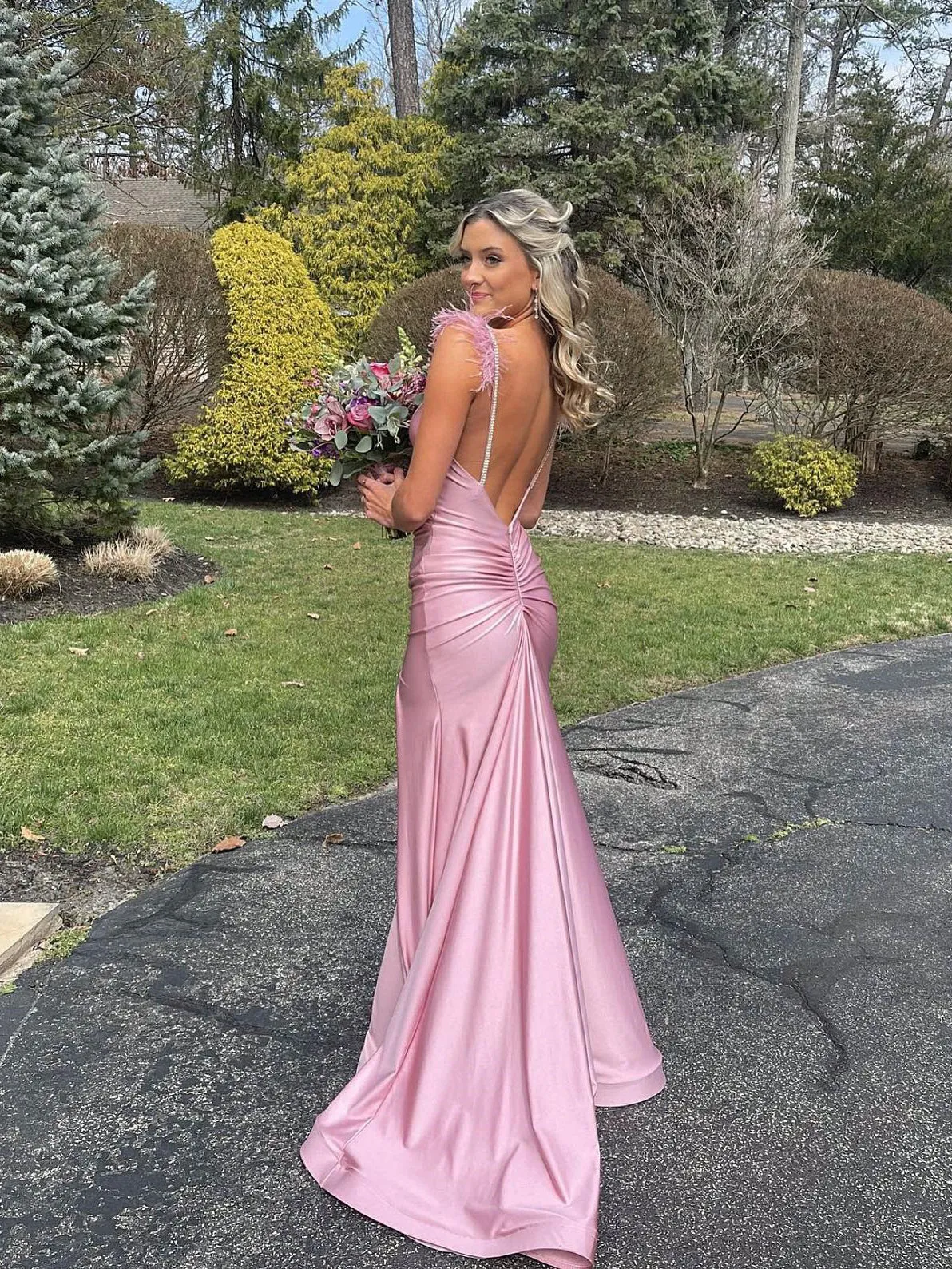 Elegant Mermaid Pink Evening Party Gowns With Feather,Backless Prom Dress #SEW0961