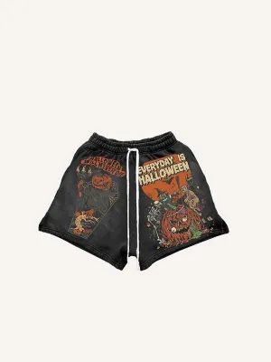 Halloween Pumpkin&Figure&Letter&Skeleton&Bat Print Drawstring Waist Shorts