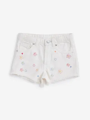 HOP Kids Off-White Floral Design Denim Shorts