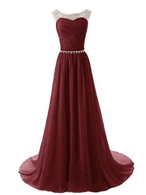 kamahe A Line Round Neckline Maroon Long Prom Dresses 2016, Long Formal Dresses