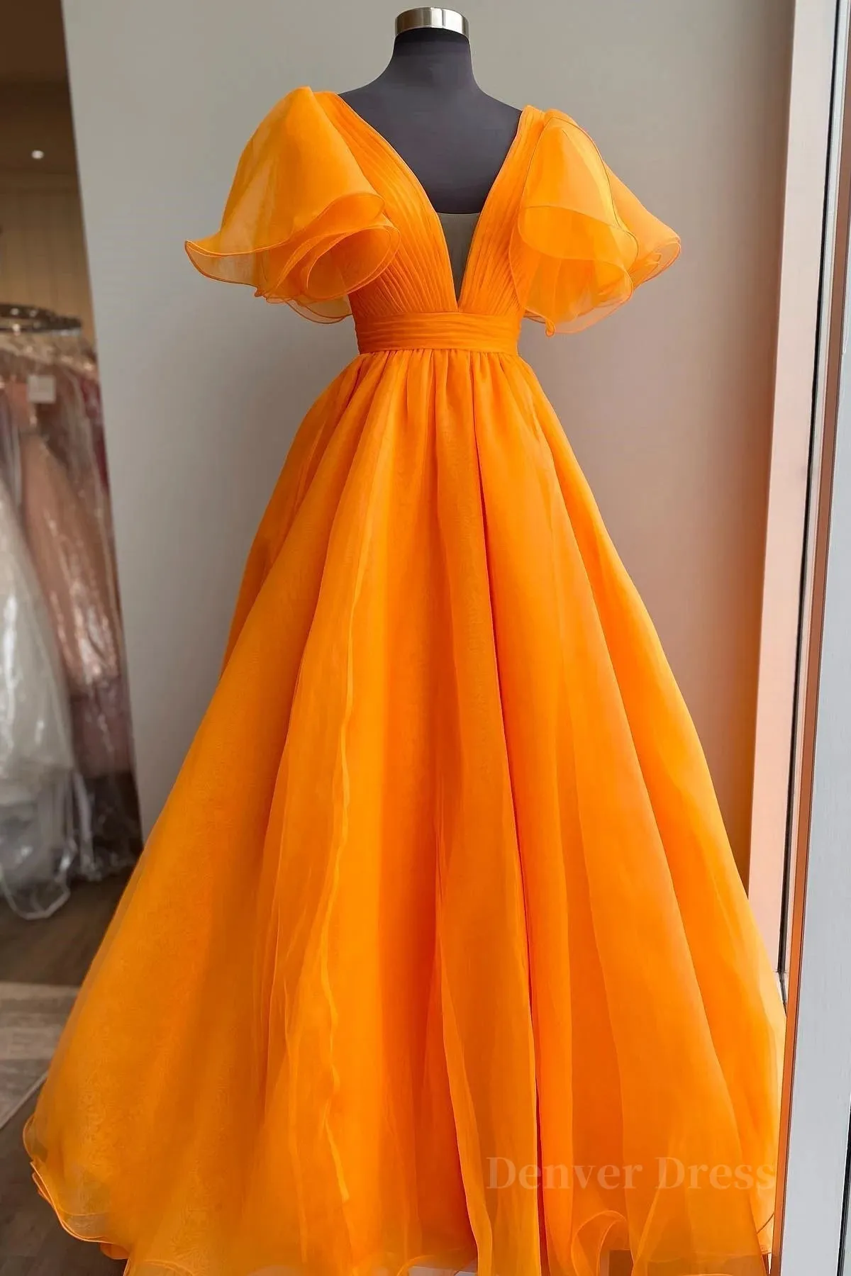 kamahe Short Sleeves Orange Long Prom Dresses, Orange Long Formal Evening Dresses