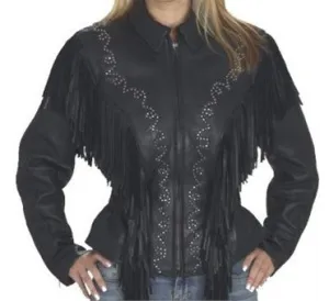 Ladies Black Leather Motorcycle Jacket with Fringes and Stud Design