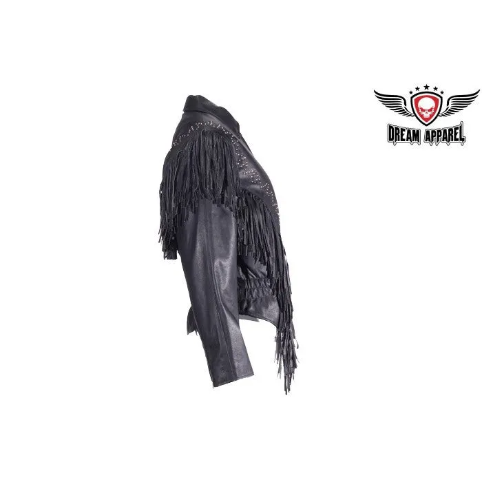 Ladies Black Leather Motorcycle Jacket with Fringes and Stud Design