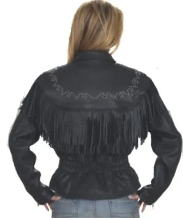 Ladies Black Leather Motorcycle Jacket with Fringes and Stud Design