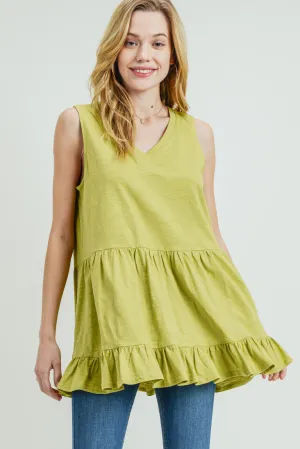 Lovely Lime Sleeveless V-Neck Tiered Ruffle Top