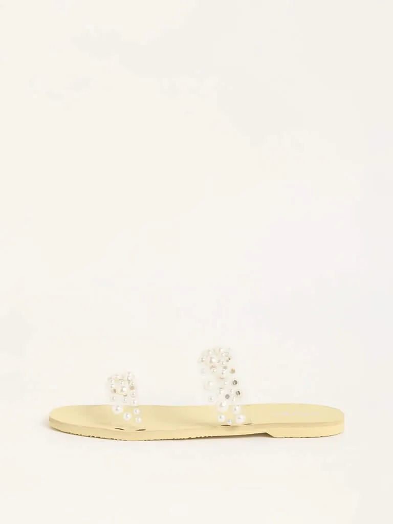 LUNA BLU Yellow Pearl Embellished Double-Strap Sandals