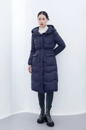 Navy Blue Waisted Long Winter Down Jacket