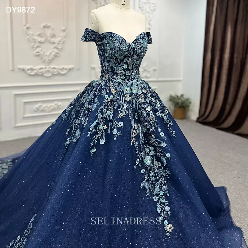 Off Shoulder Sweetheart Blue Glitter Ball Gown Embroidery Evening Dress Plus Size Dress LS9872 Selinadress