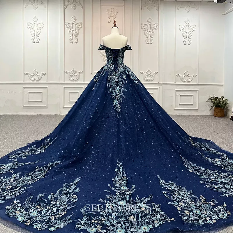 Off Shoulder Sweetheart Blue Glitter Ball Gown Embroidery Evening Dress Plus Size Dress LS9872 Selinadress