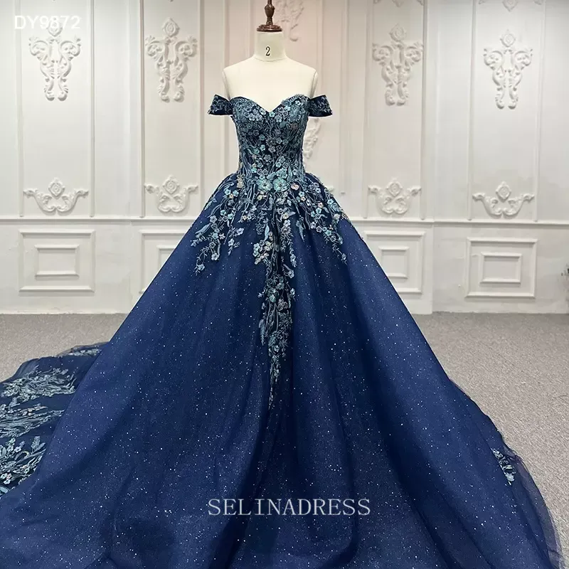 Off Shoulder Sweetheart Blue Glitter Ball Gown Embroidery Evening Dress Plus Size Dress LS9872 Selinadress