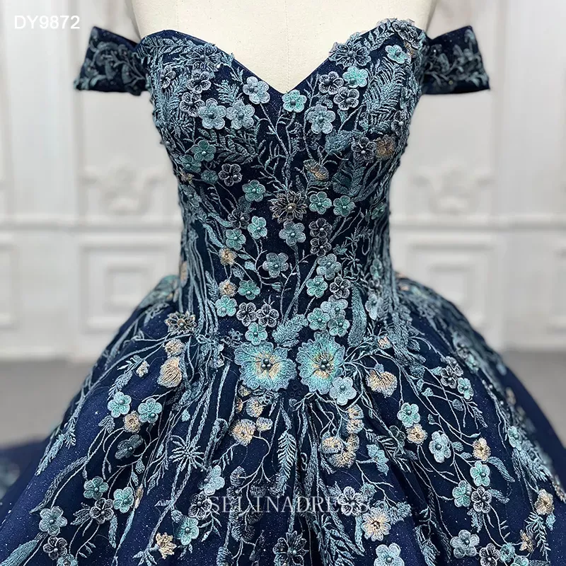 Off Shoulder Sweetheart Blue Glitter Ball Gown Embroidery Evening Dress Plus Size Dress LS9872 Selinadress