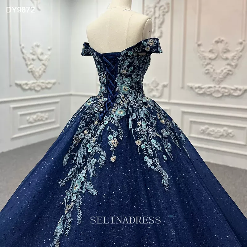 Off Shoulder Sweetheart Blue Glitter Ball Gown Embroidery Evening Dress Plus Size Dress LS9872 Selinadress