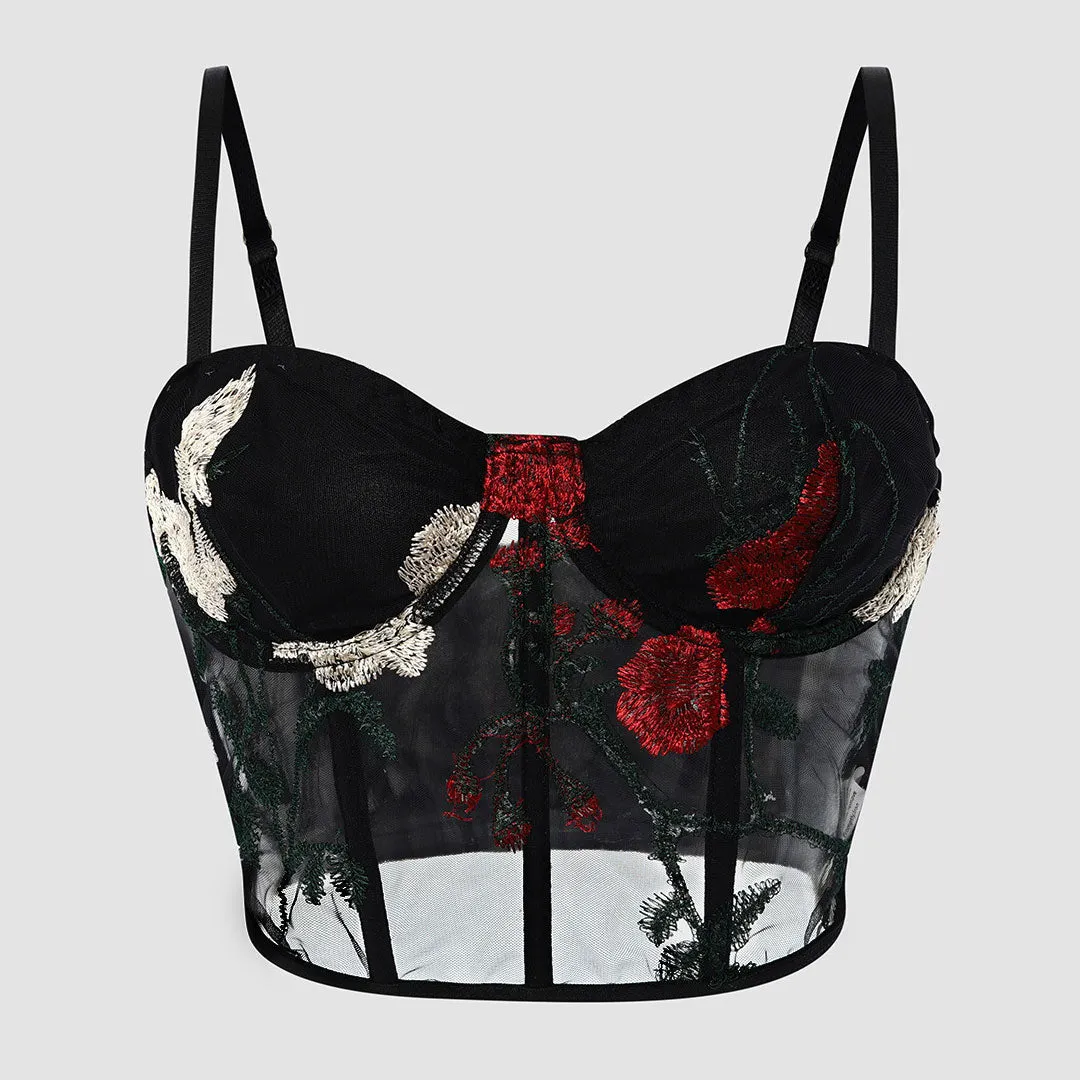 Romantic Floral Embroidered Sheer Mesh Cropped Corset Top - Black