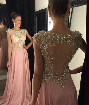 Round Neck Rhinestone Pink Dresses, Pink Formal Dresses, Evening Dresses