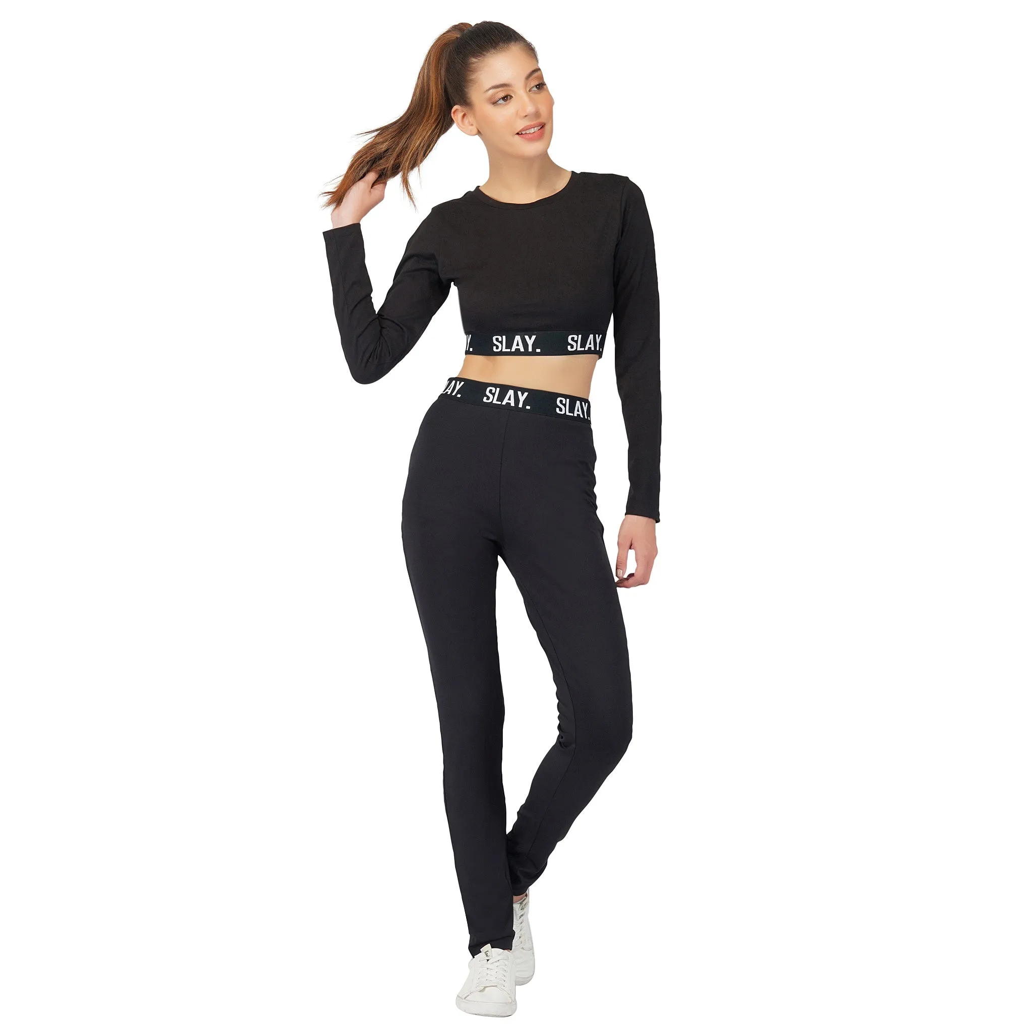 SLAY. Sport Women's Activewear Full Sleeves Crop Top And Pants Co-ord Set Black