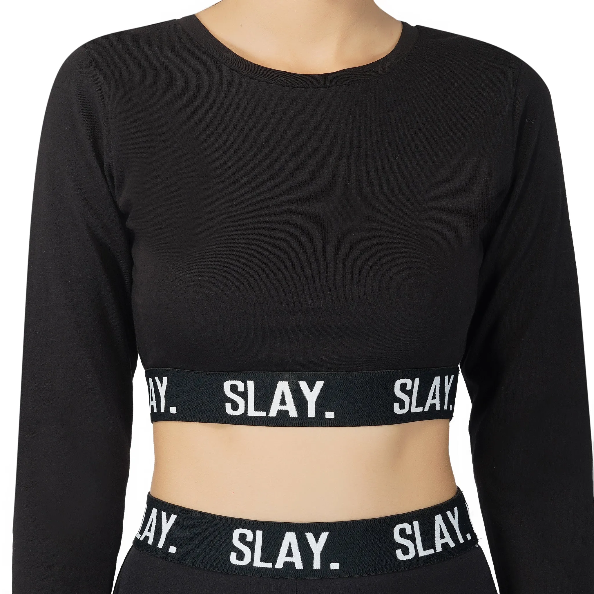 SLAY. Sport Women's Activewear Full Sleeves Crop Top And Pants Co-ord Set Black