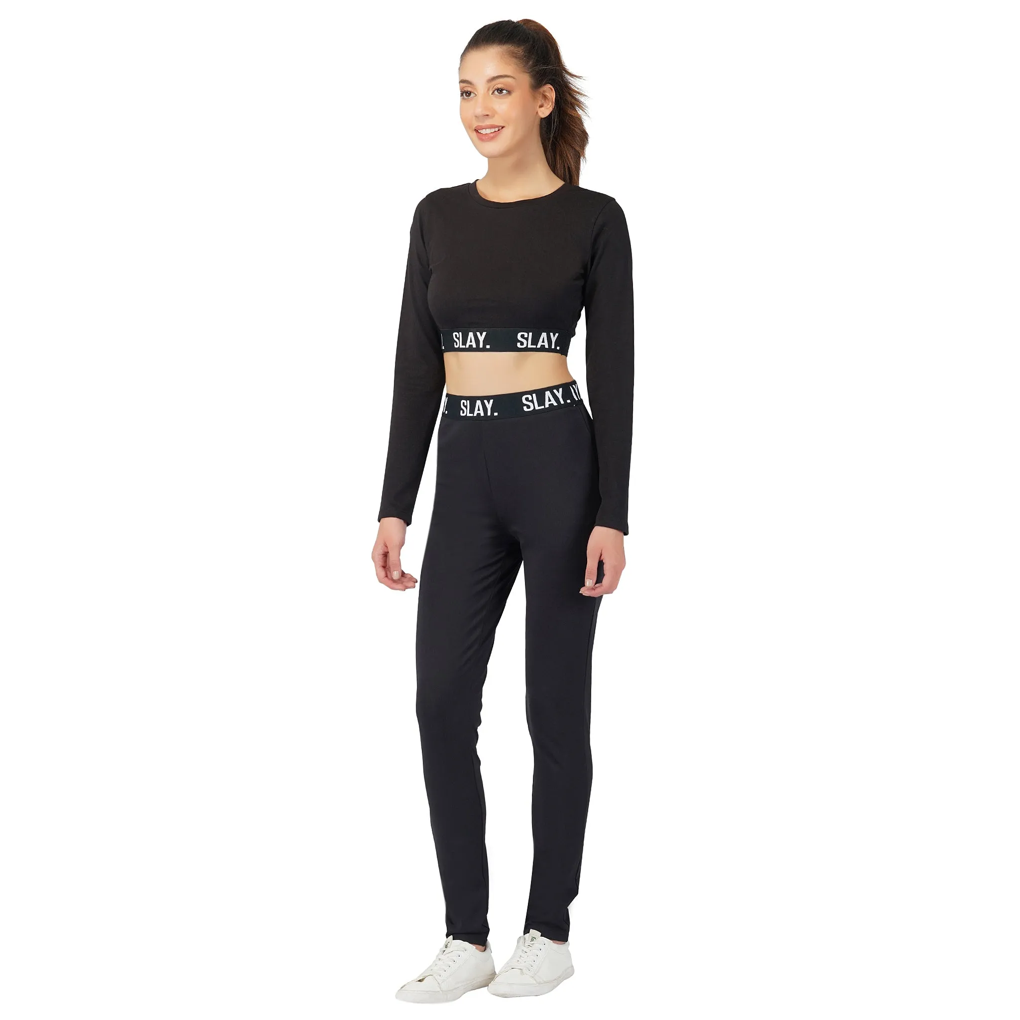 SLAY. Sport Women's Activewear Full Sleeves Crop Top And Pants Co-ord Set Black