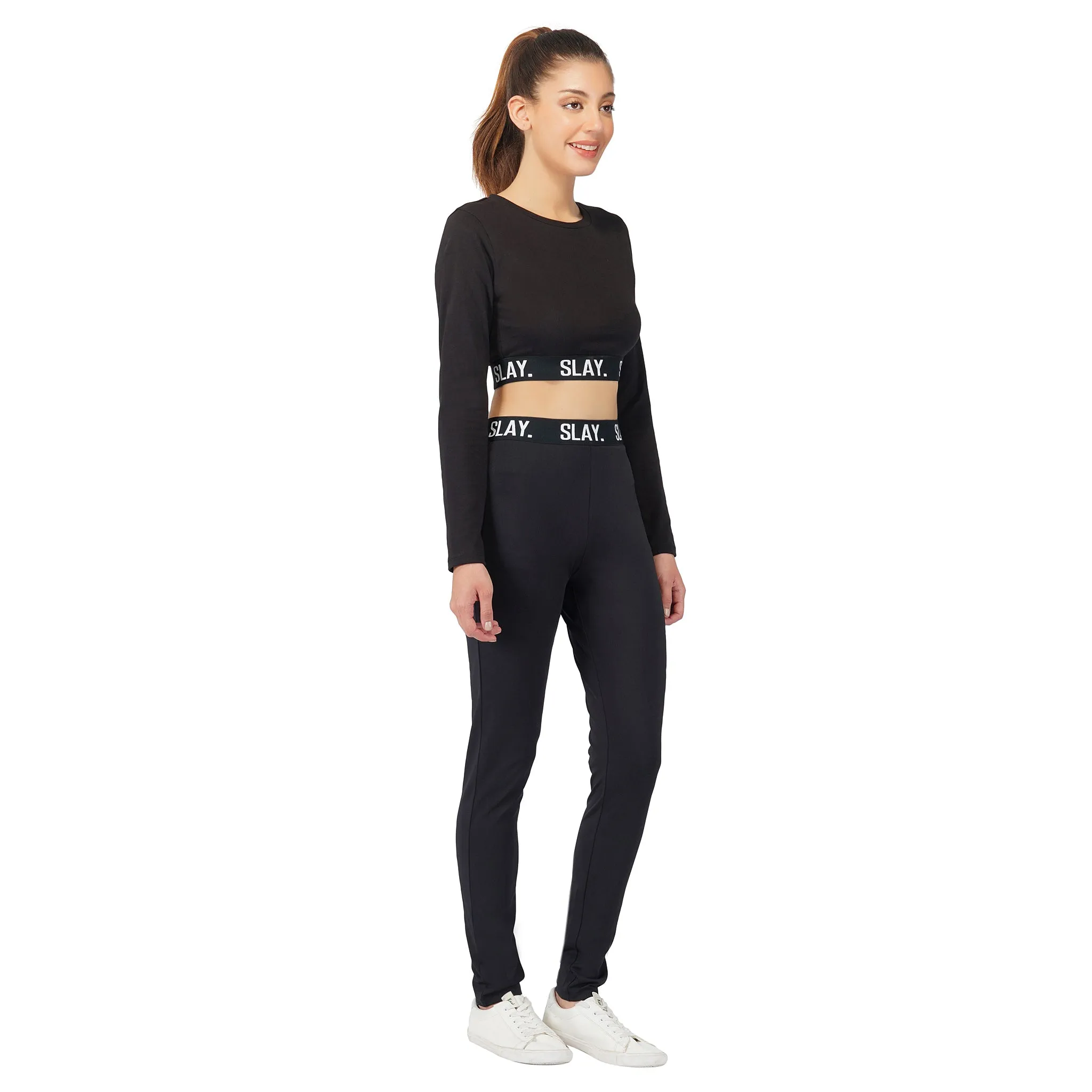 SLAY. Sport Women's Activewear Full Sleeves Crop Top And Pants Co-ord Set Black