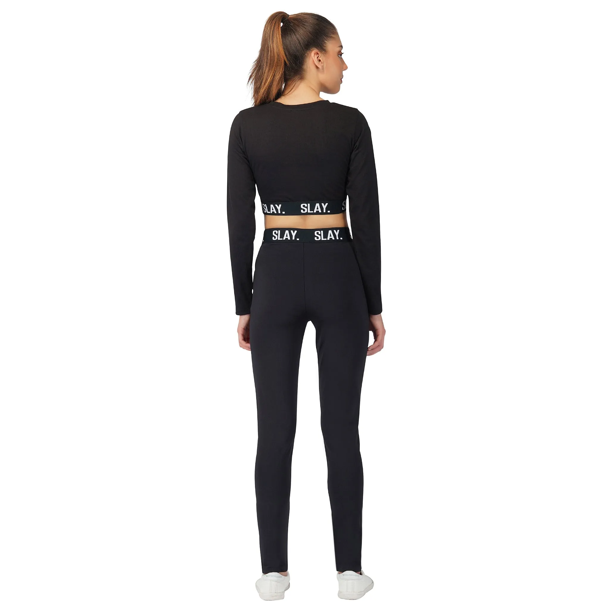 SLAY. Sport Women's Activewear Full Sleeves Crop Top And Pants Co-ord Set Black