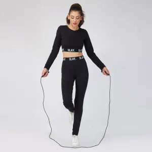 SLAY. Sport Women's Activewear Full Sleeves Crop Top And Pants Co-ord Set Black