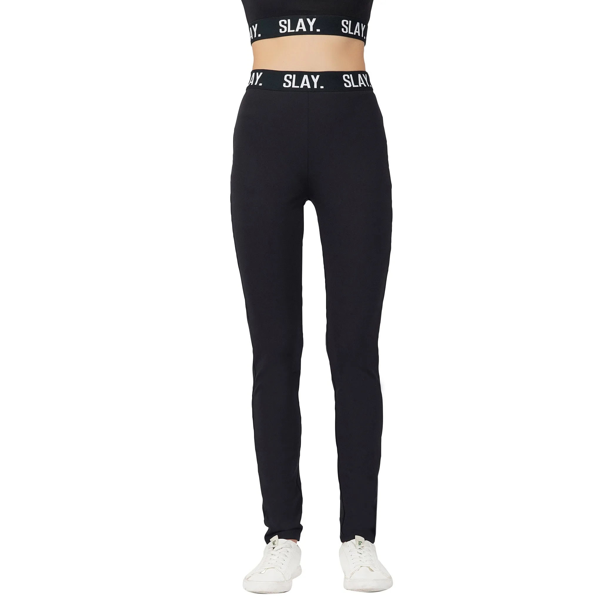 SLAY. Sport Women's Activewear Full Sleeves Crop Top And Pants Co-ord Set Black