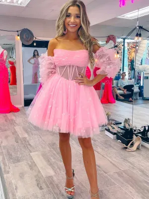 Strapless Pink Pleated A-Line Homecoming Dress with Removable Sleeves jkw050