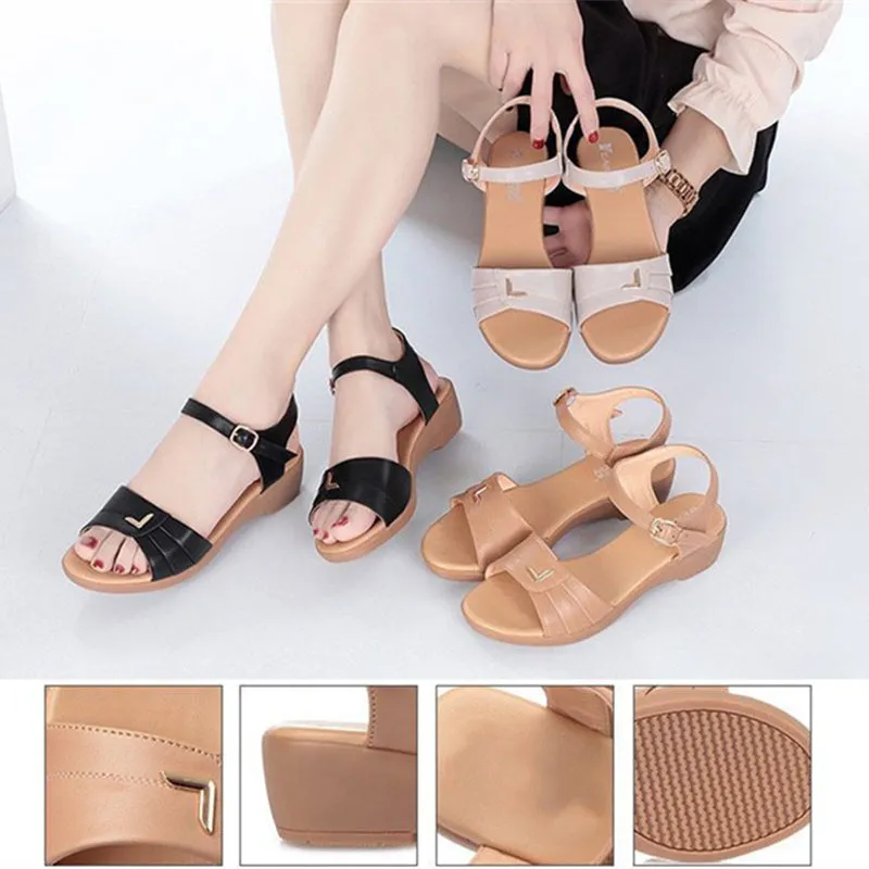 Summer Women Leather Wedge Heel Peep Toe Soft Soled Sandals