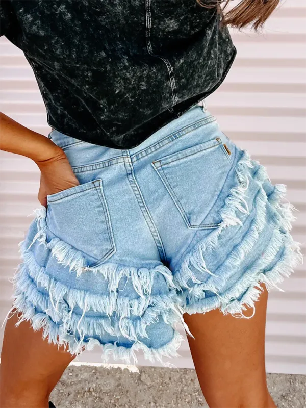 TEEK - Multi-Layered Bloom Ruffles High-Elastic Denim Shorts