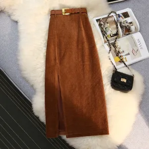 Vintage Fashion High Waist Corduroy Style with Side-slit Midi Skirts