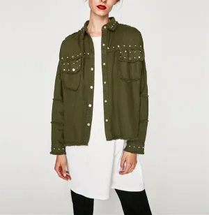 Wide-waisted Rivet Decoration Punk Style Army Vintage Burrs Jacket