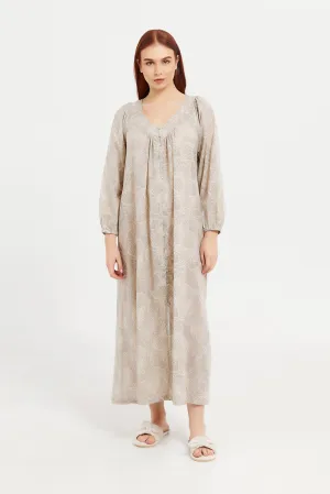 Women Beige Printed Long Sleeves Nightgown