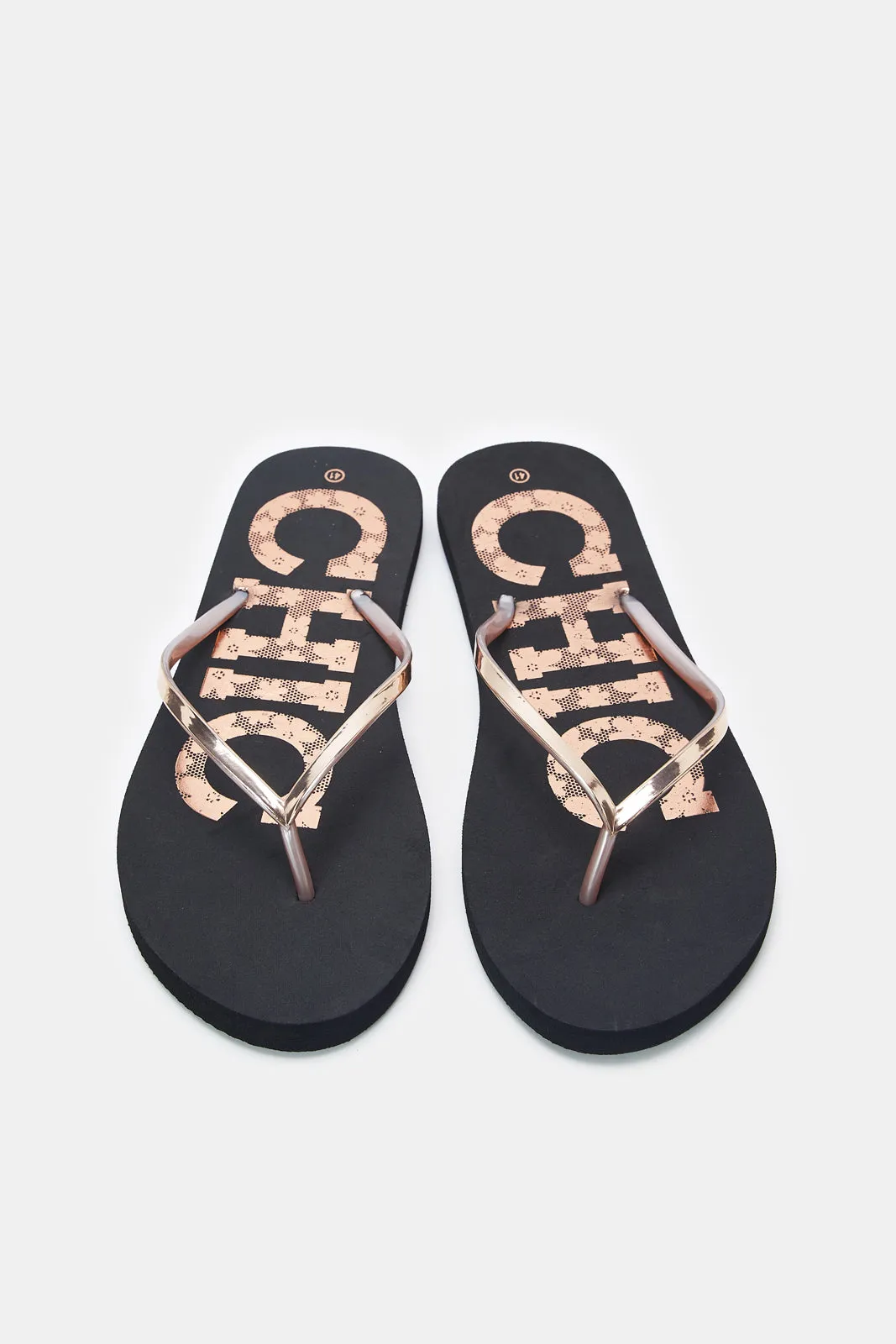 Women Black And Gold Chic Slogan Flip Flop