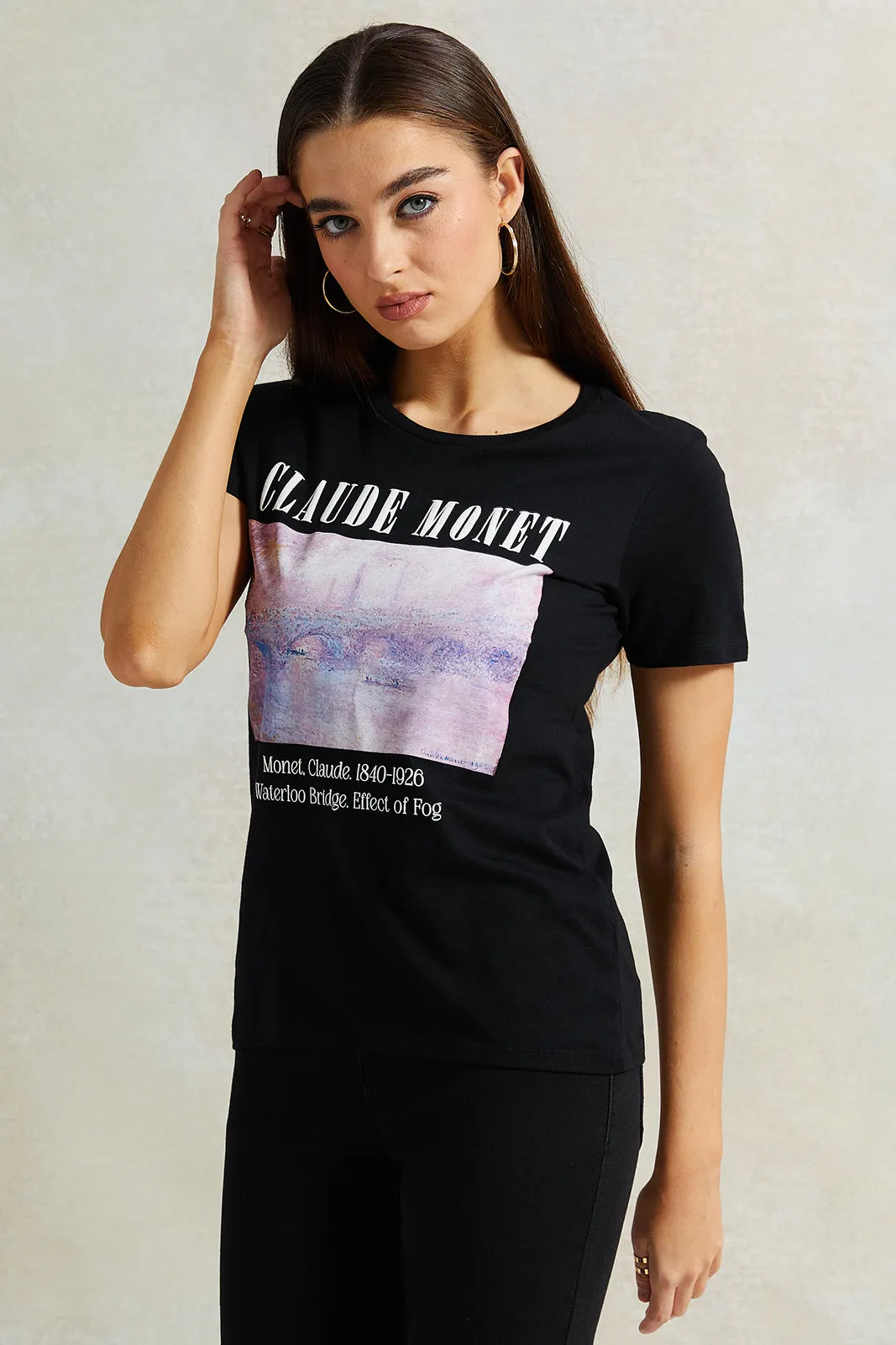 Women Black Claude Monet Printed T-Shirt